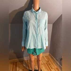 J. Crew Aqua Blue Striped Button Down Shirt Long Sleeve Size 8 EUC